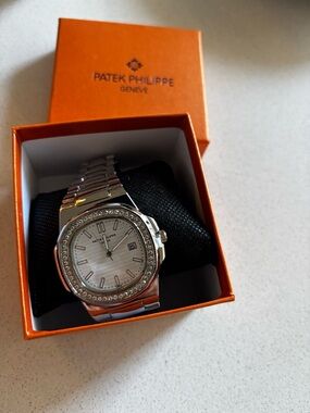 Patek Philippe Silver Women's Stainless Steel Diamond Bezel Watch